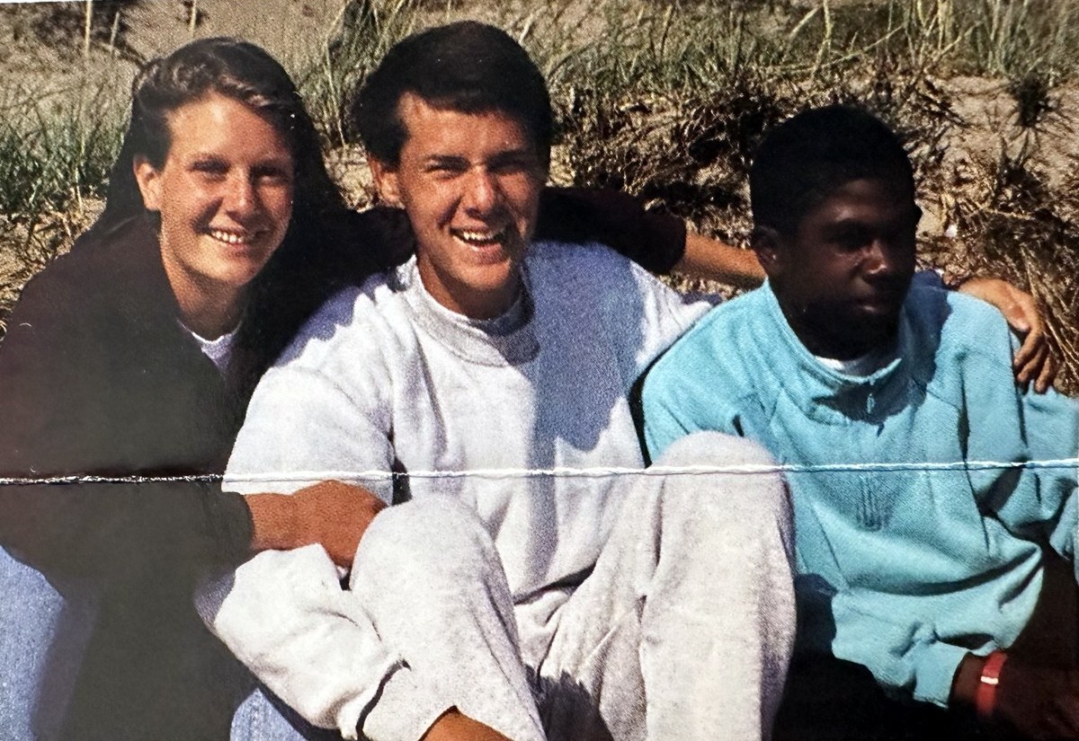 Kallie Buehler, Fletch Whitwell and Tre Harris on a beach in Sweden, 1991